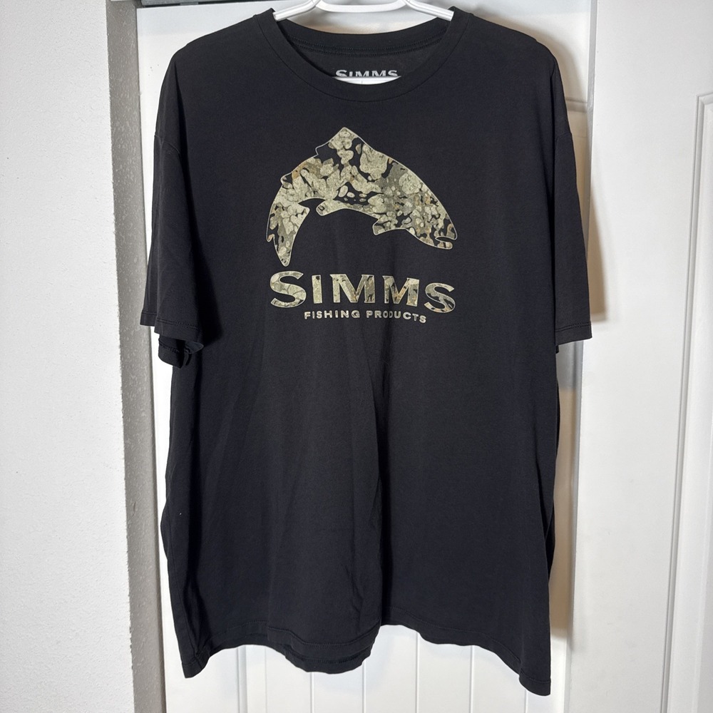 Simms Fishing Products Shirt Mens XL Black Camouflage Logo Crew Neck Outdoor Tee